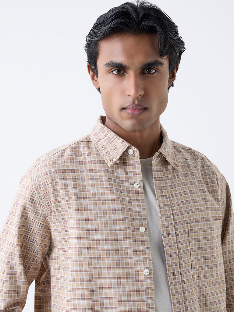 WES Casuals Taupe Checks Printed Relaxed-Fit Cotton Shirt