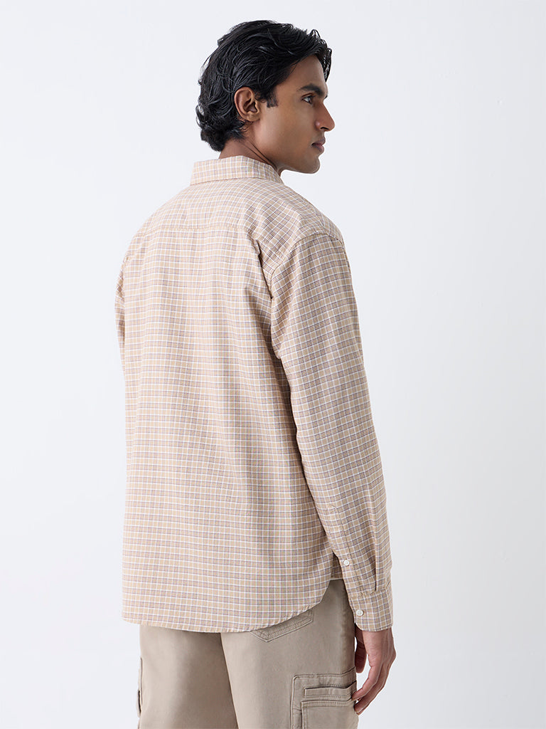WES Casuals Taupe Checks Printed Relaxed-Fit Cotton Shirt