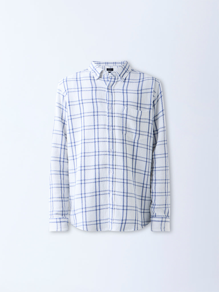WES Casuals White Checks Detailed Relaxed-Fit Cotton Shirt