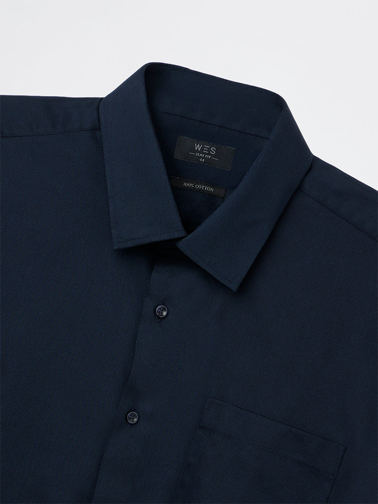 WES Formals Navy Slim-Fit Cotton Shirt