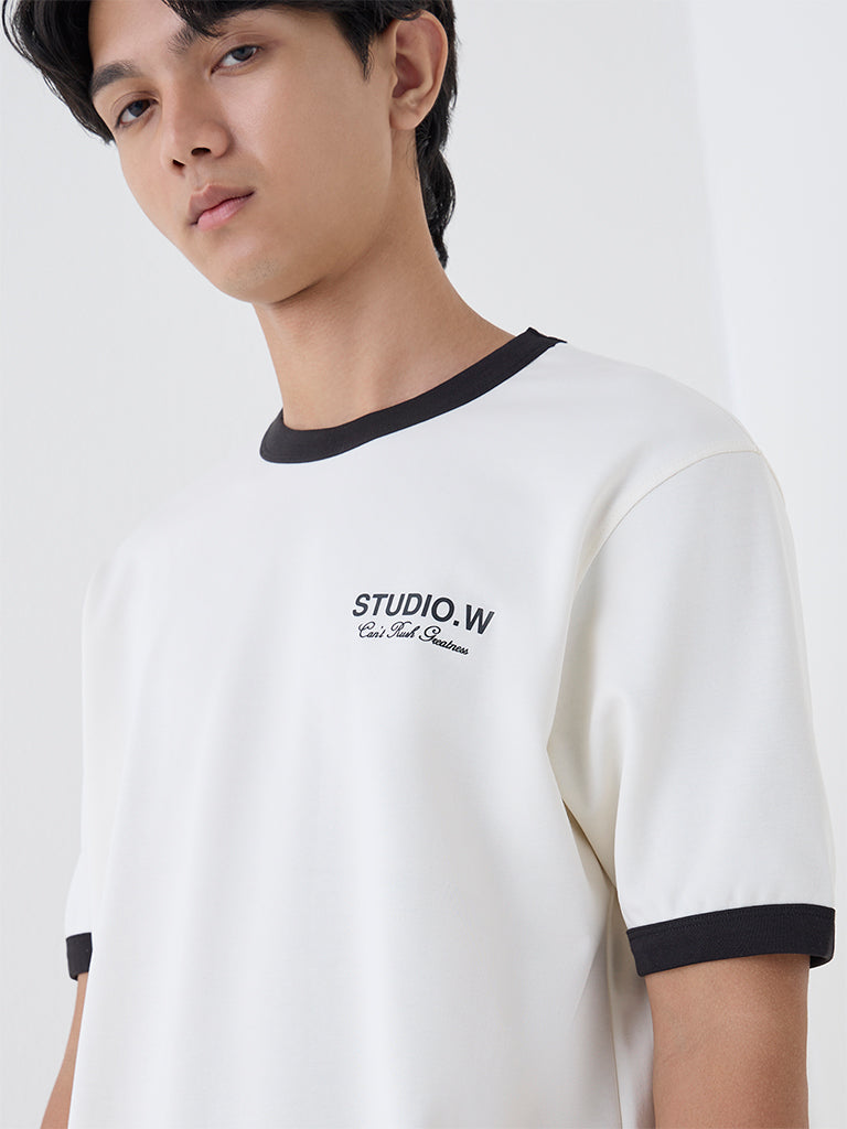Studiofit Off-White Text Design Relaxed-Fit Cotton-Blend T-Shirt