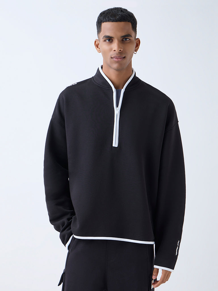 Studiofit Black Relaxed-Fit Quarter-Zip Cotton-Blend Sweatshirt