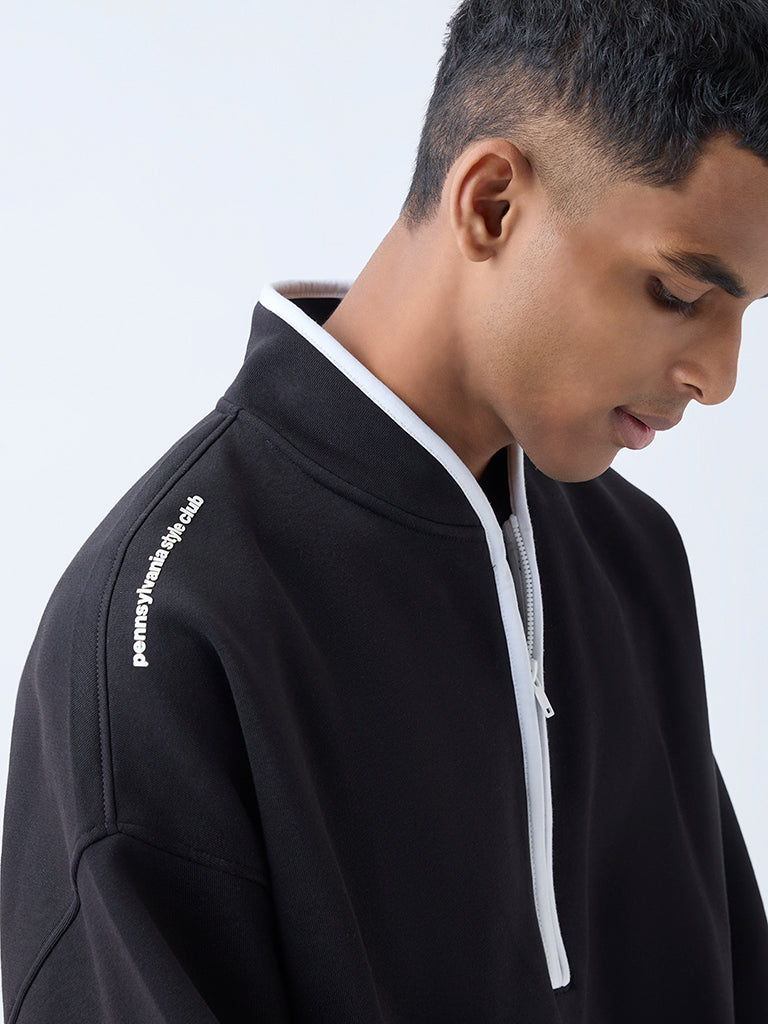 Studiofit Black Relaxed-Fit Quarter-Zip Cotton-Blend Sweatshirt