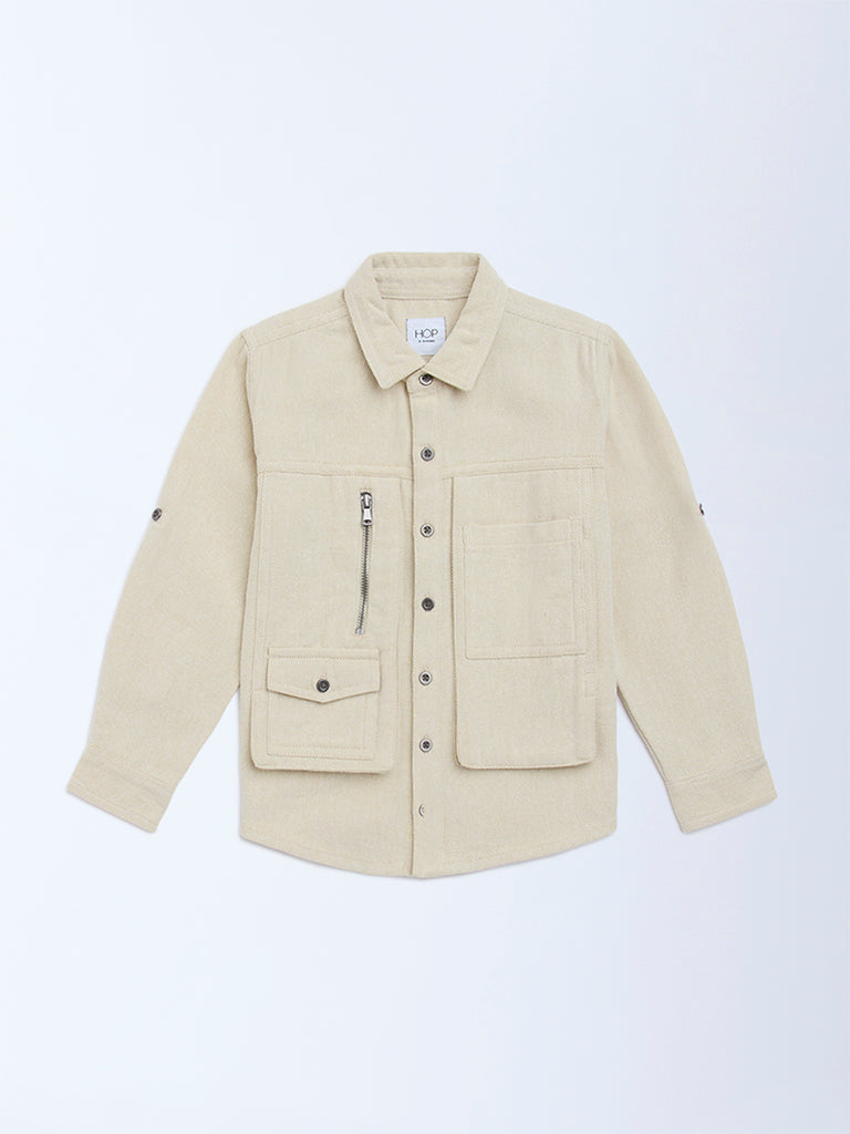 HOP Kids Beige Basketball-Themed Denim Shirt