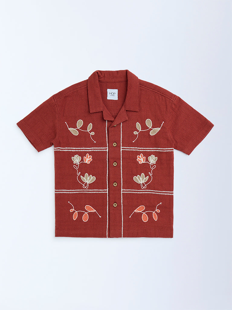 HOP Kids Rust Floral Embroidered Resort-Fit Shirt