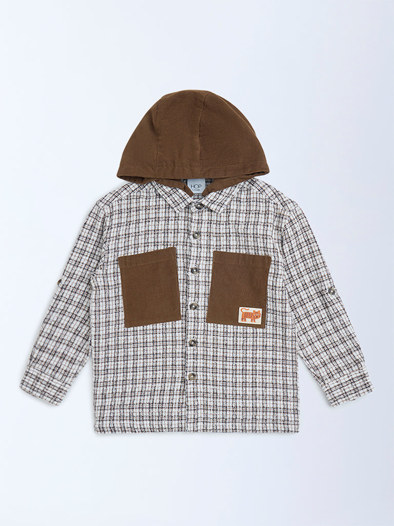 HOP Kids Brown Checkered Hooded Shirt