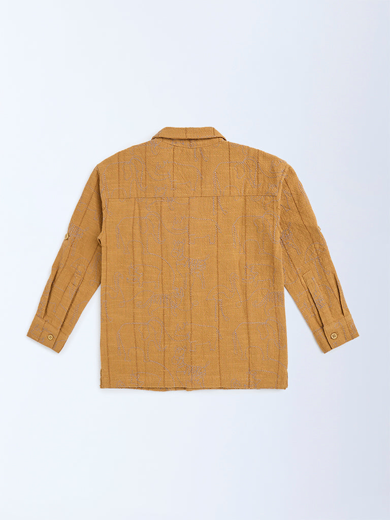 HOP Kids Mustard Embroidered Resort-Fit Cotton Shirt