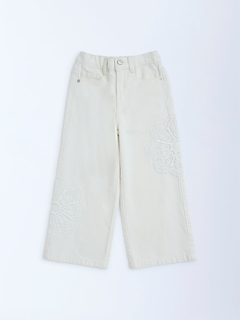 HOP Kids White Embroidered Relaxed-Fit High-Rise Jeans