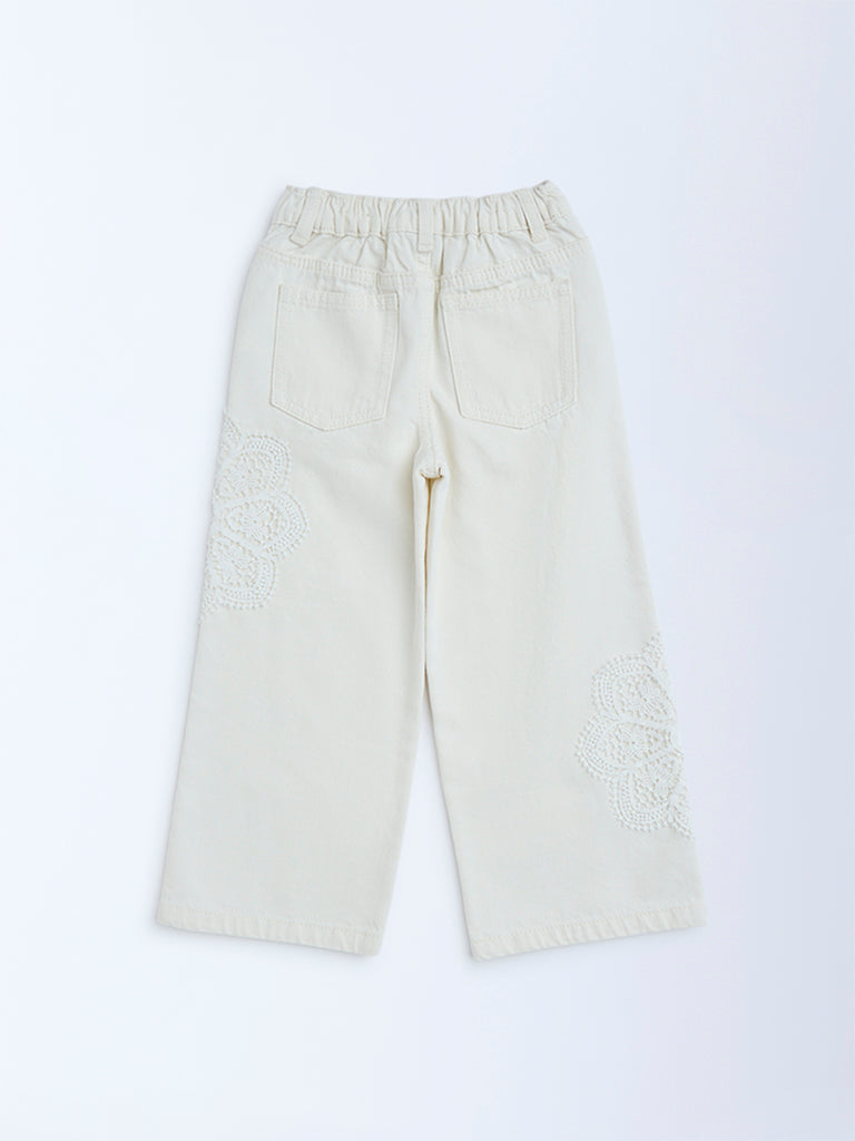 HOP Kids White Embroidered Relaxed-Fit High-Rise Jeans