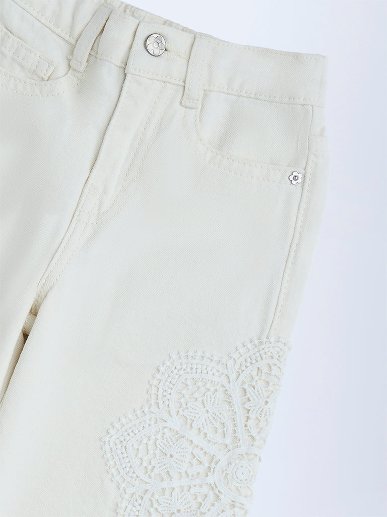 HOP Kids White Embroidered Relaxed-Fit High-Rise Jeans