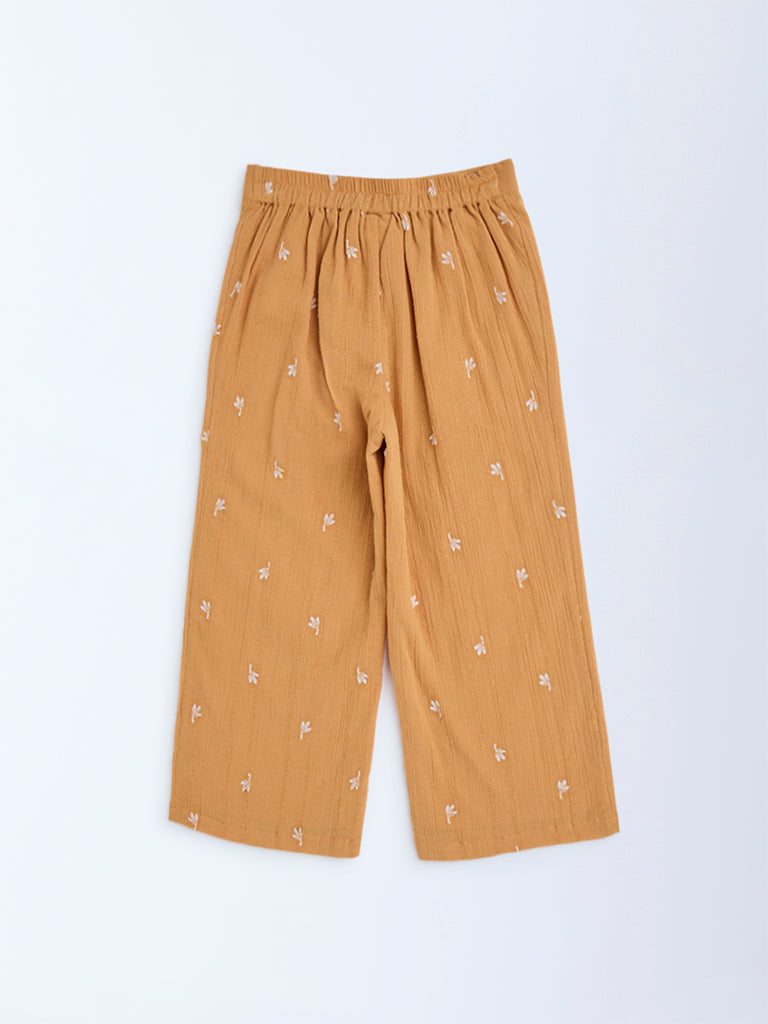 HOP Kids Orange Floral Embroidered High-Rise Cotton Pants