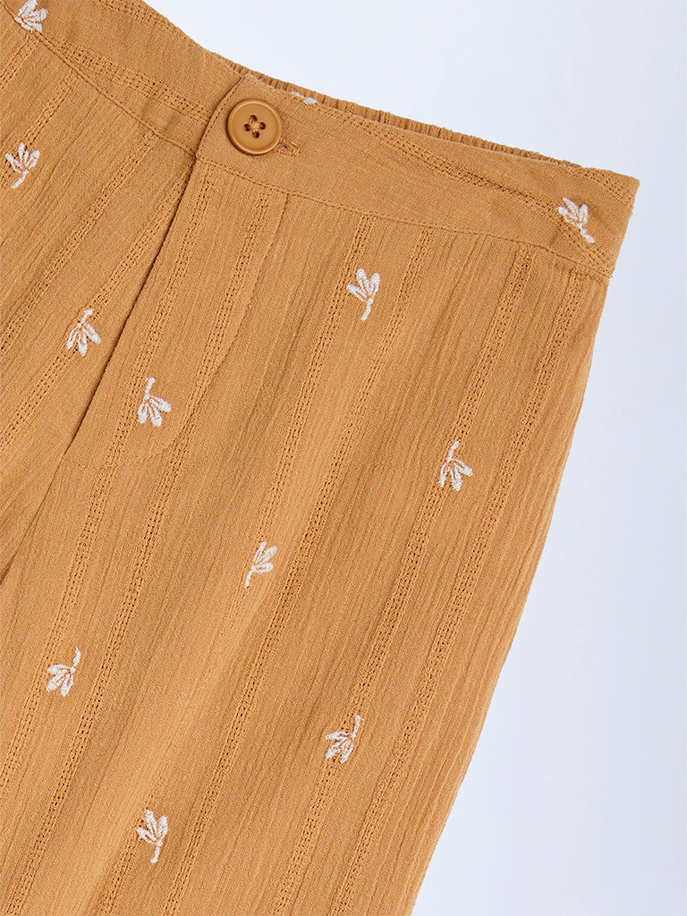 HOP Kids Orange Floral Embroidered High-Rise Cotton Pants