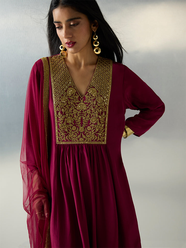 Vark Maroon Zari Embroidered Anarkali Ethnic Set