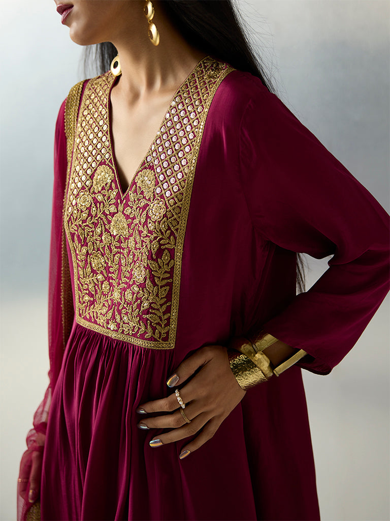 Vark Maroon Zari Embroidered Anarkali Ethnic Set