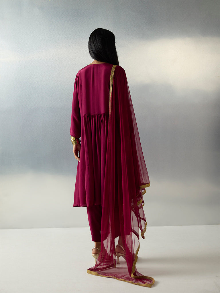 Vark Maroon Zari Embroidered Anarkali Ethnic Set