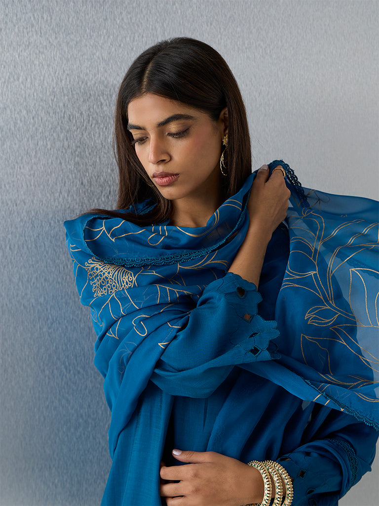 Vark Blue Floral Design A-Line Ethnic Set