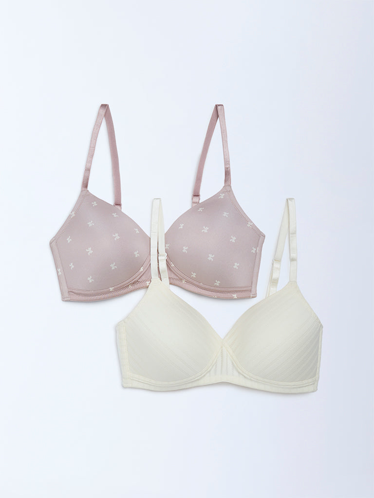 Wunderlove Dusty Pink Bow-Printed Padded Bra - Pack of 2