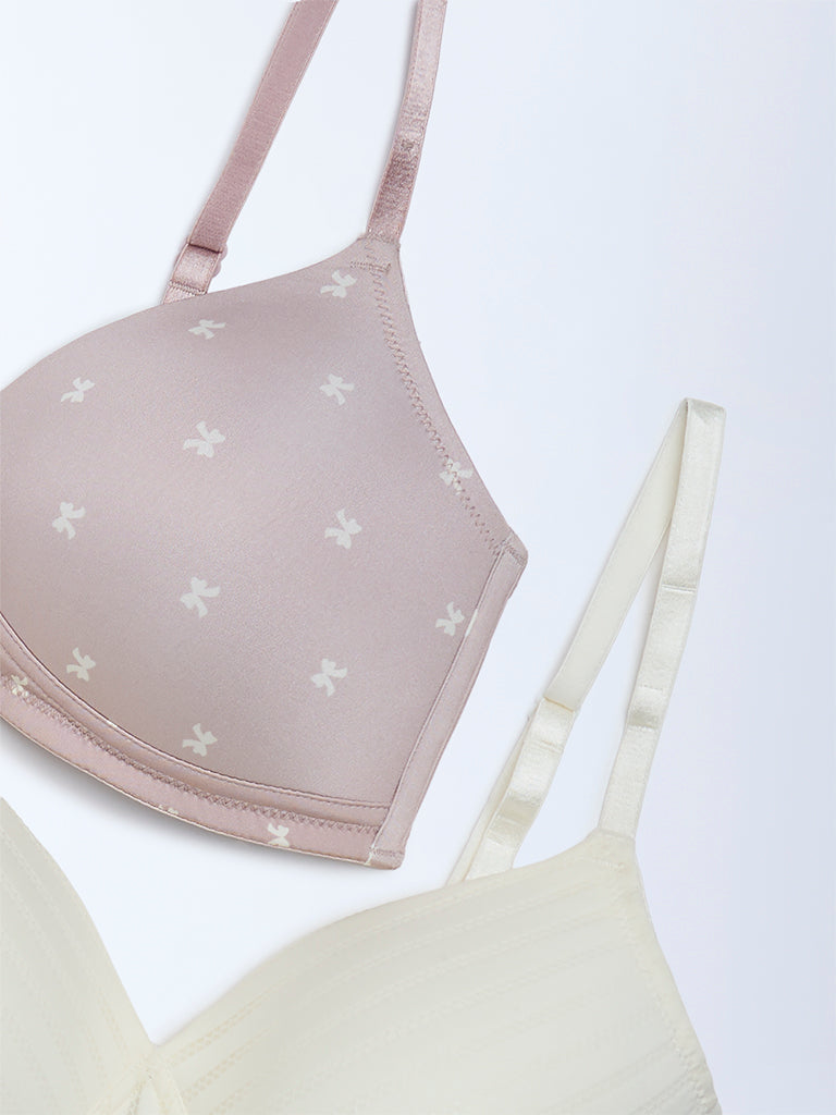 Wunderlove Dusty Pink Bow-Printed Padded Bra - Pack of 2