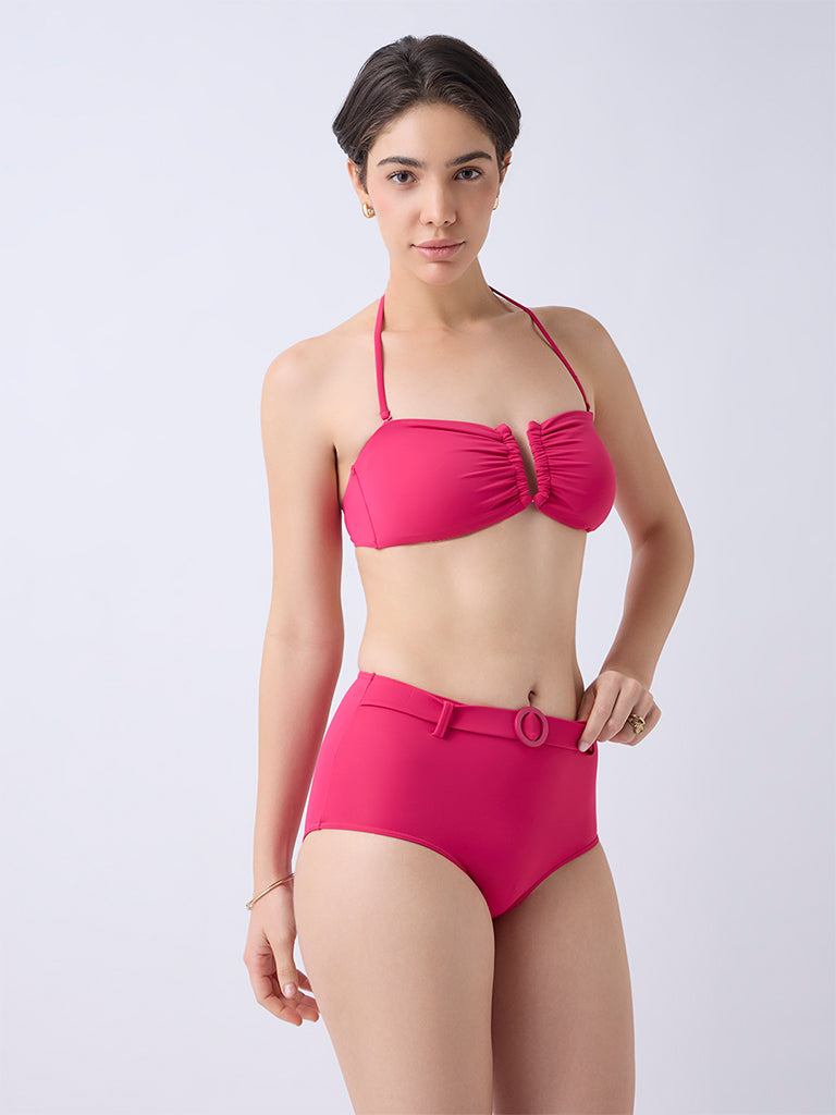 Wunderlove Swimwear Fuchsia High-Waist Belted Briefs