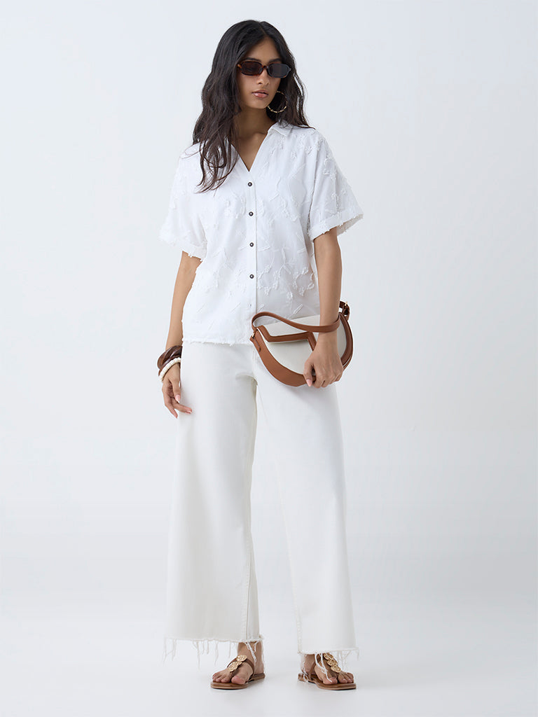 Westside LOV Women's White Floral Detailed Cotton Shirt for Casual Wear Full View