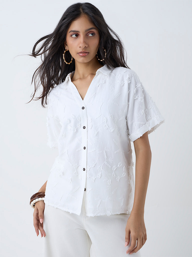 Westside LOV Women's White Floral Detailed Cotton Shirt for Casual Wear Front view