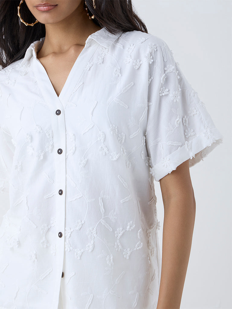 Westside LOV Women's White Floral Detailed Cotton Shirt for Casual Wear Zoomed View