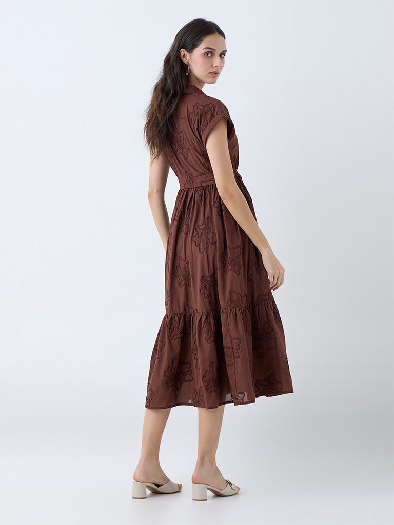 LOV Brown Floral Embroidered Cotton Shirt Dress with Belt