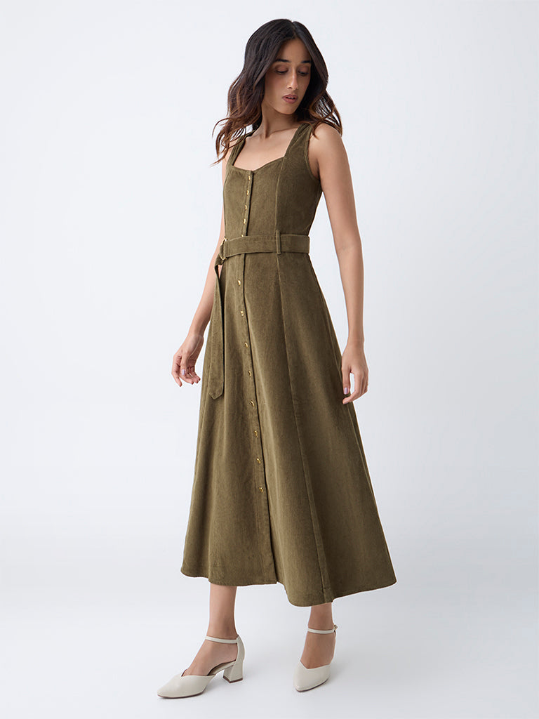 LOV Olive Corduroy A-Line Dress with Belt