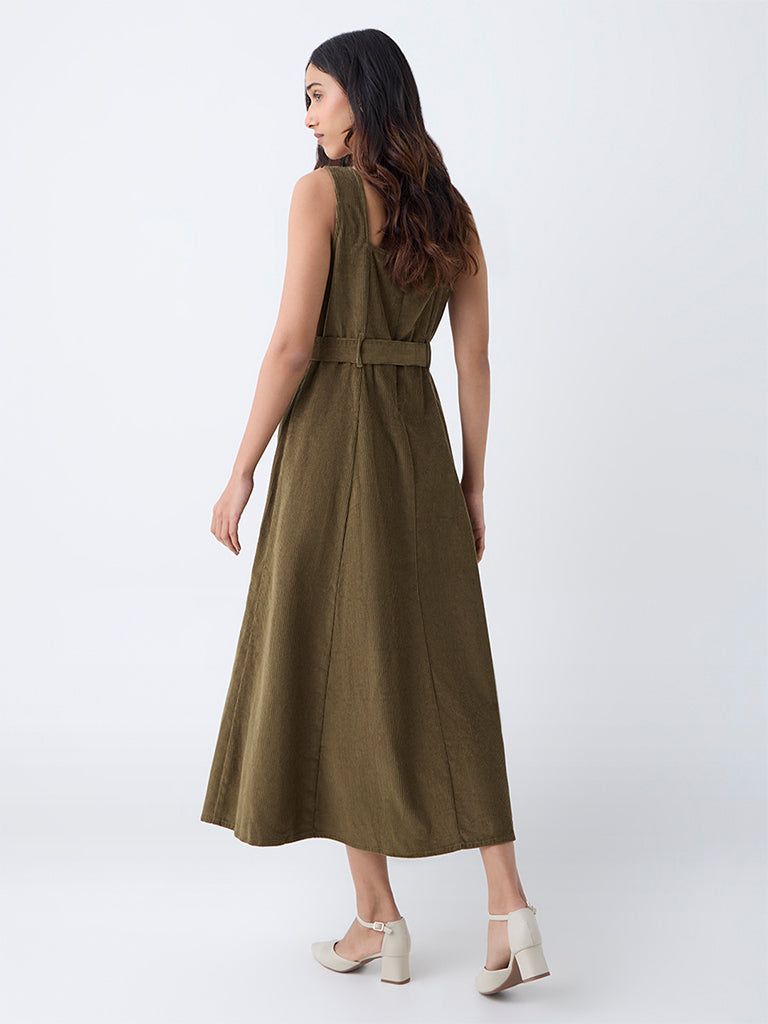 LOV Olive Corduroy A-Line Dress with Belt