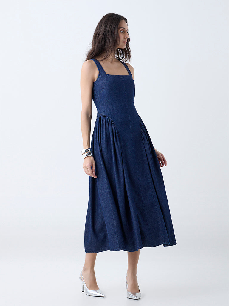 LOV Dark Blue Corset-Style Denim A-Line Dress