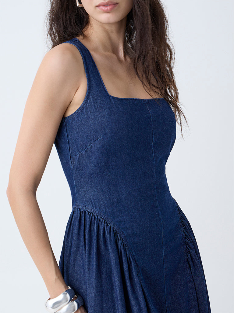 LOV Dark Blue Corset-Style Denim A-Line Dress
