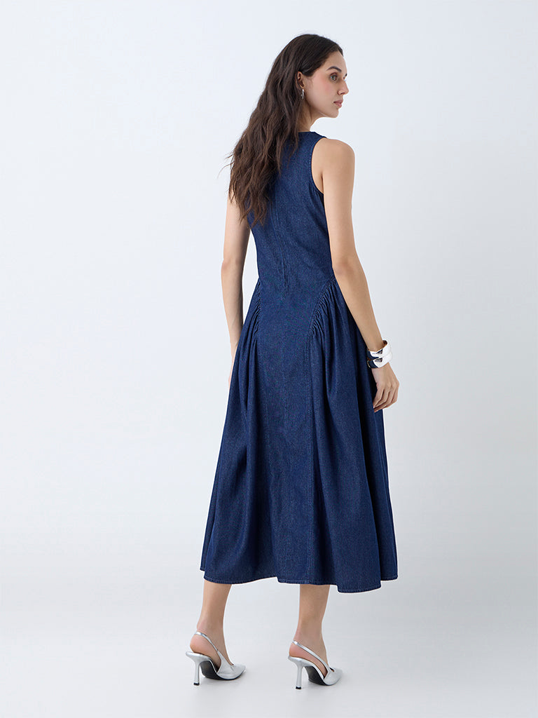 LOV Dark Blue Corset-Style Denim A-Line Dress