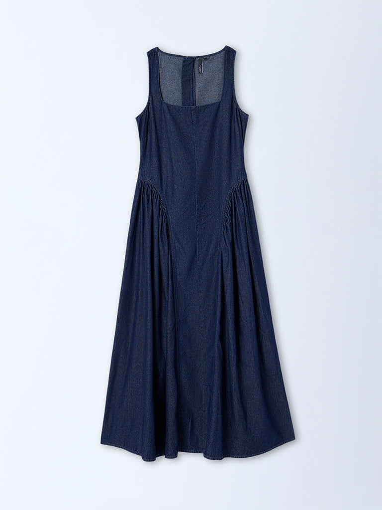 LOV Dark Blue Corset-Style Denim A-Line Dress