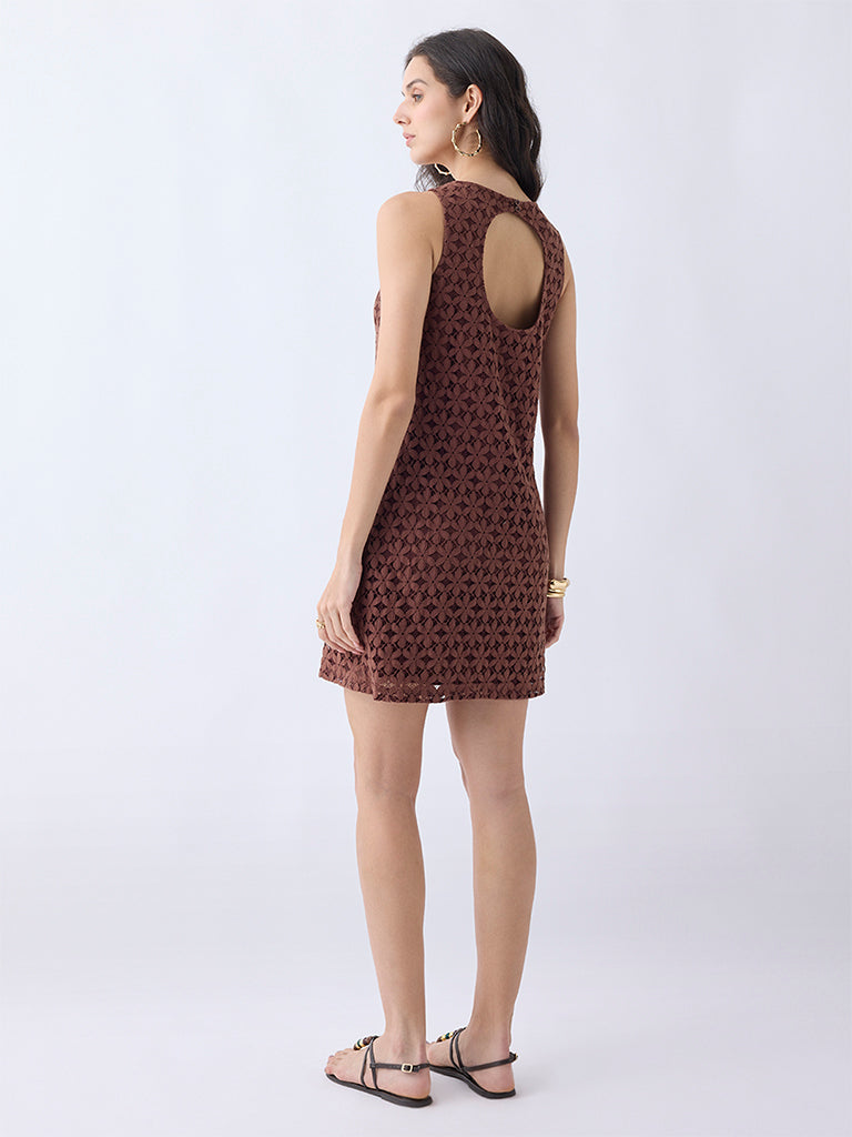 Buy LOV Dark Brown Floral Lace Cotton Shift Dress from Westside