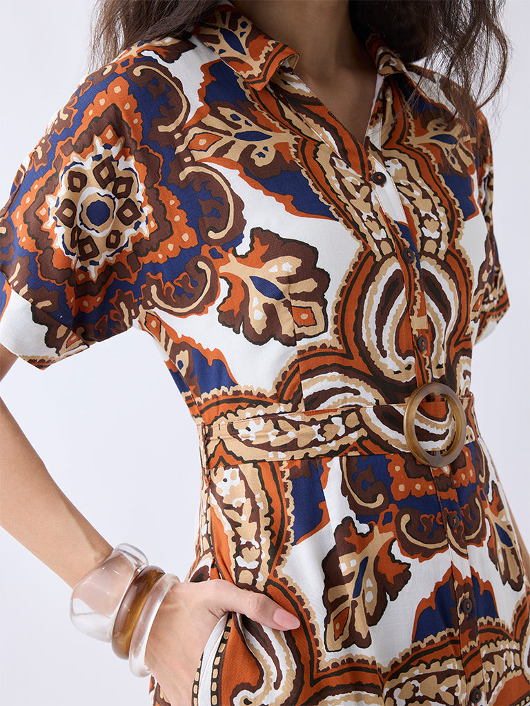 LOV Multicolour Printed Cotton Shirt Dress with Belt