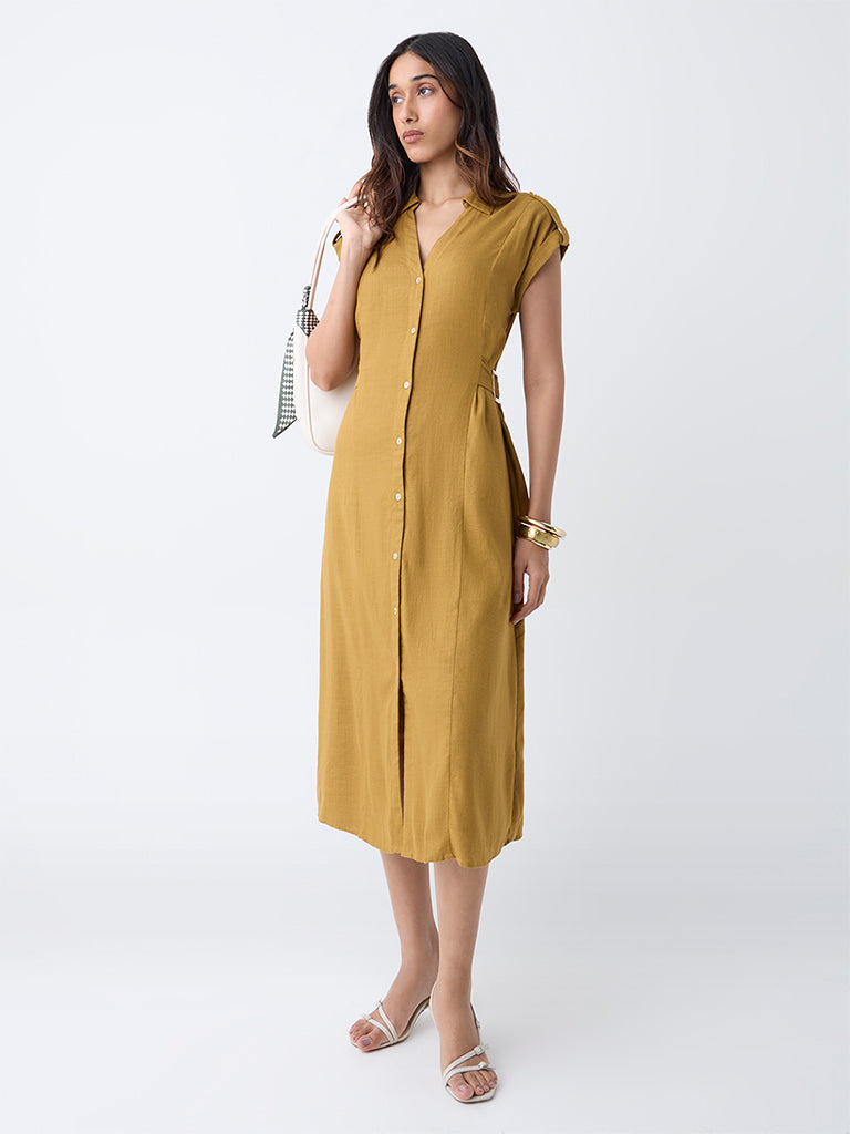 LOV Mustard Solid Cotton Shirt Dress