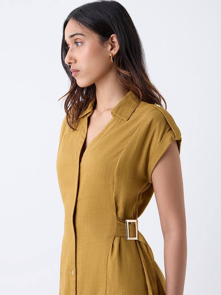 LOV Mustard Solid Cotton Shirt Dress
