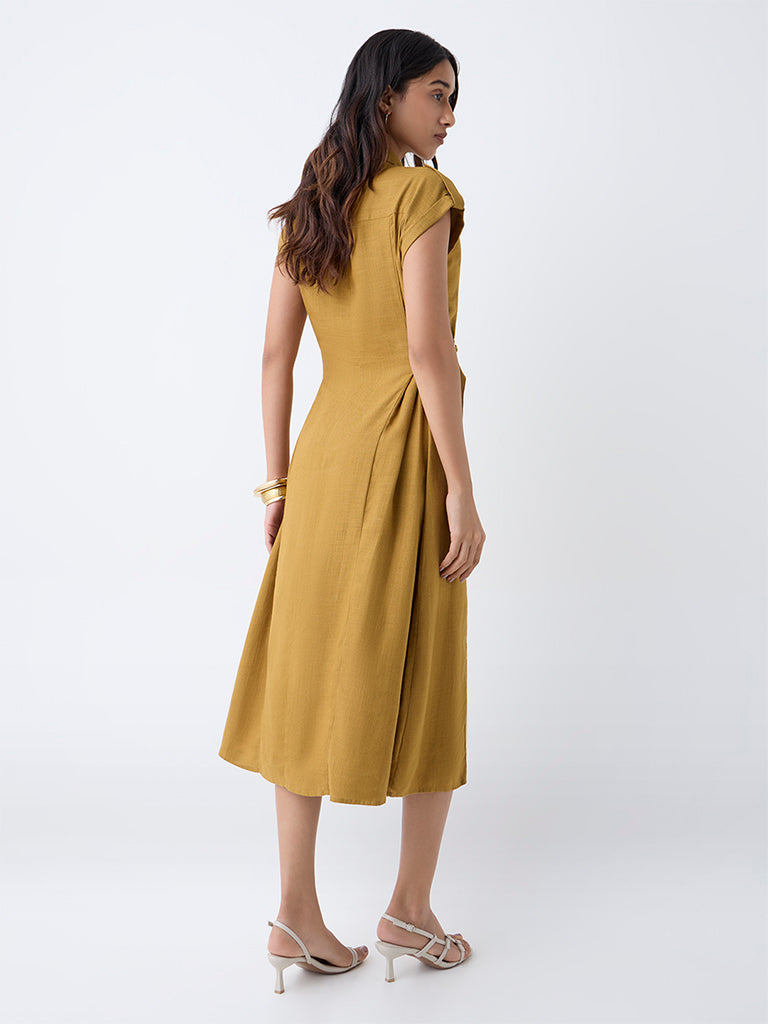 LOV Mustard Solid Cotton Shirt Dress