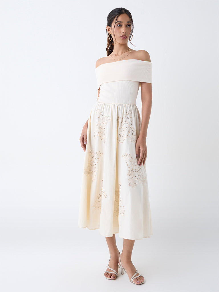 LOV Off-White Floral Embroidered Off-Shoulder Dress