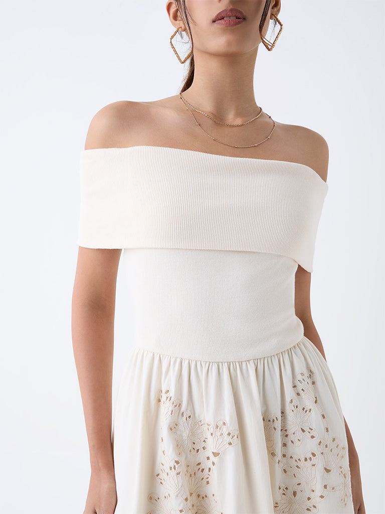 LOV Off-White Floral Embroidered Off-Shoulder Dress