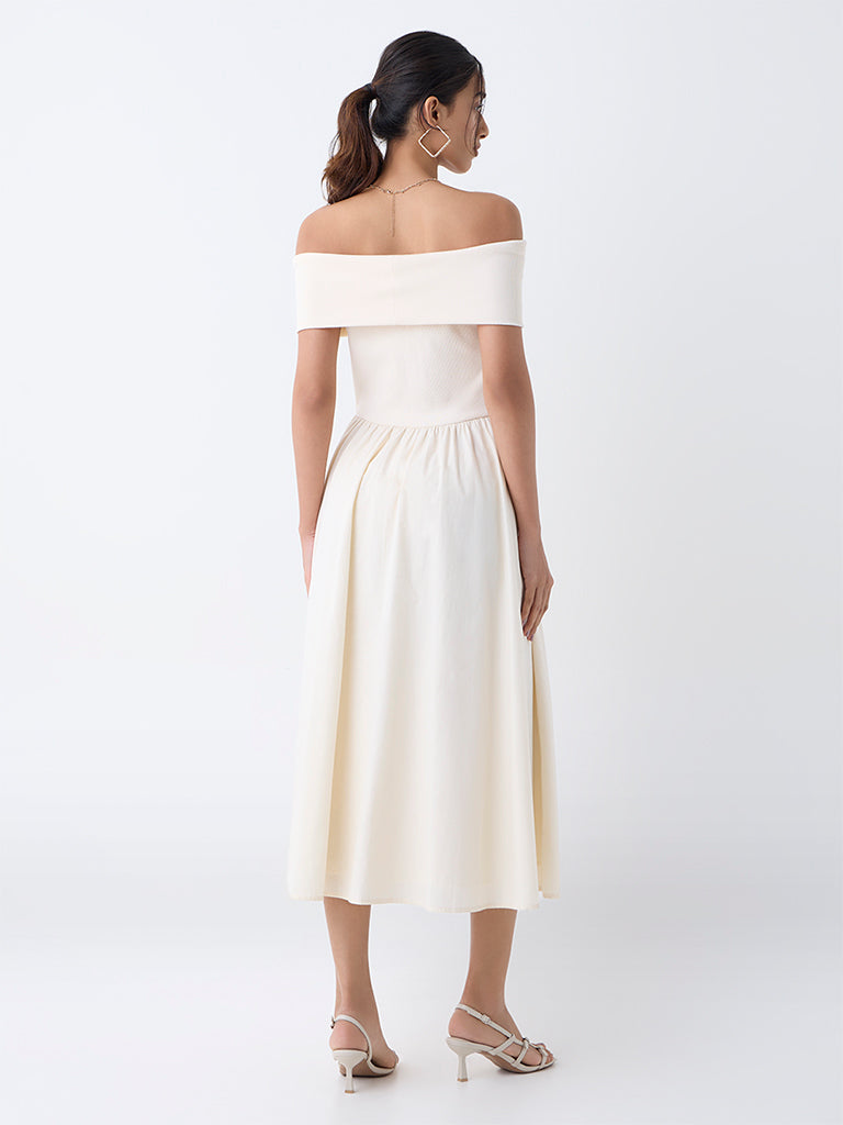 LOV Off-White Floral Embroidered Off-Shoulder Dress