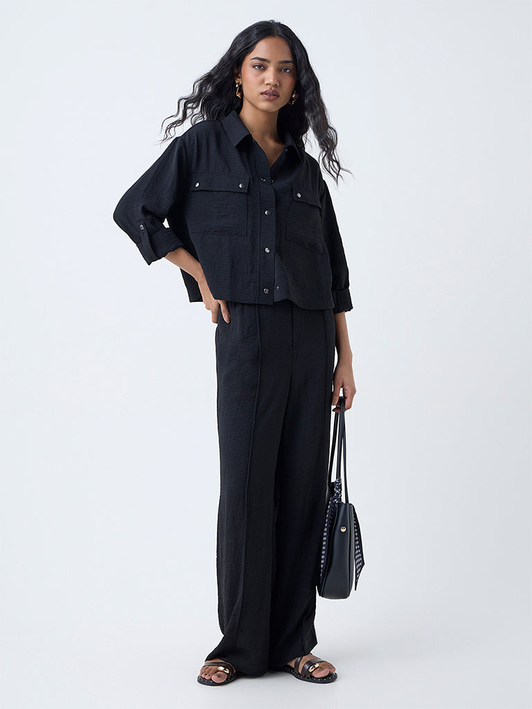 LOV Black Crinkle-Texture Shirt