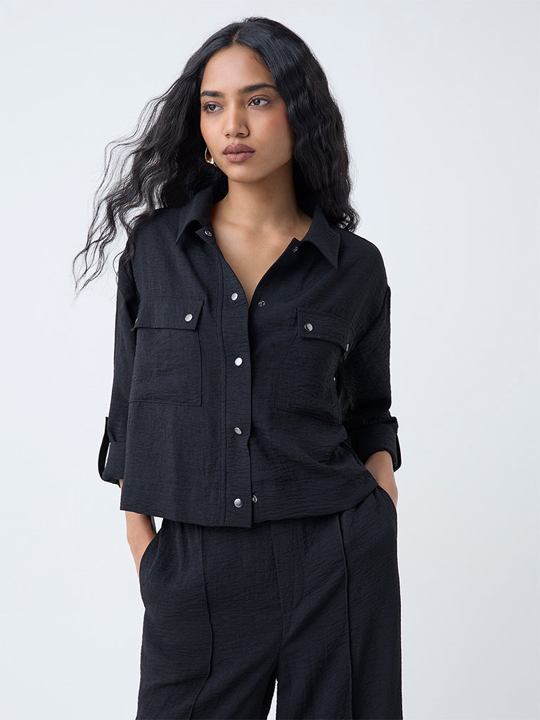LOV Black Crinkle-Texture Shirt