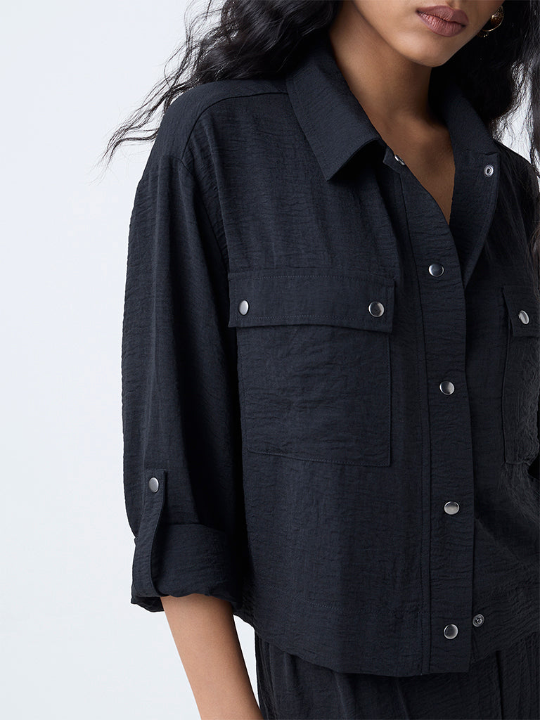 LOV Black Crinkle-Texture Shirt