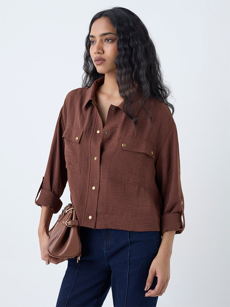 LOV Brown Crinkle-Texture Shirt