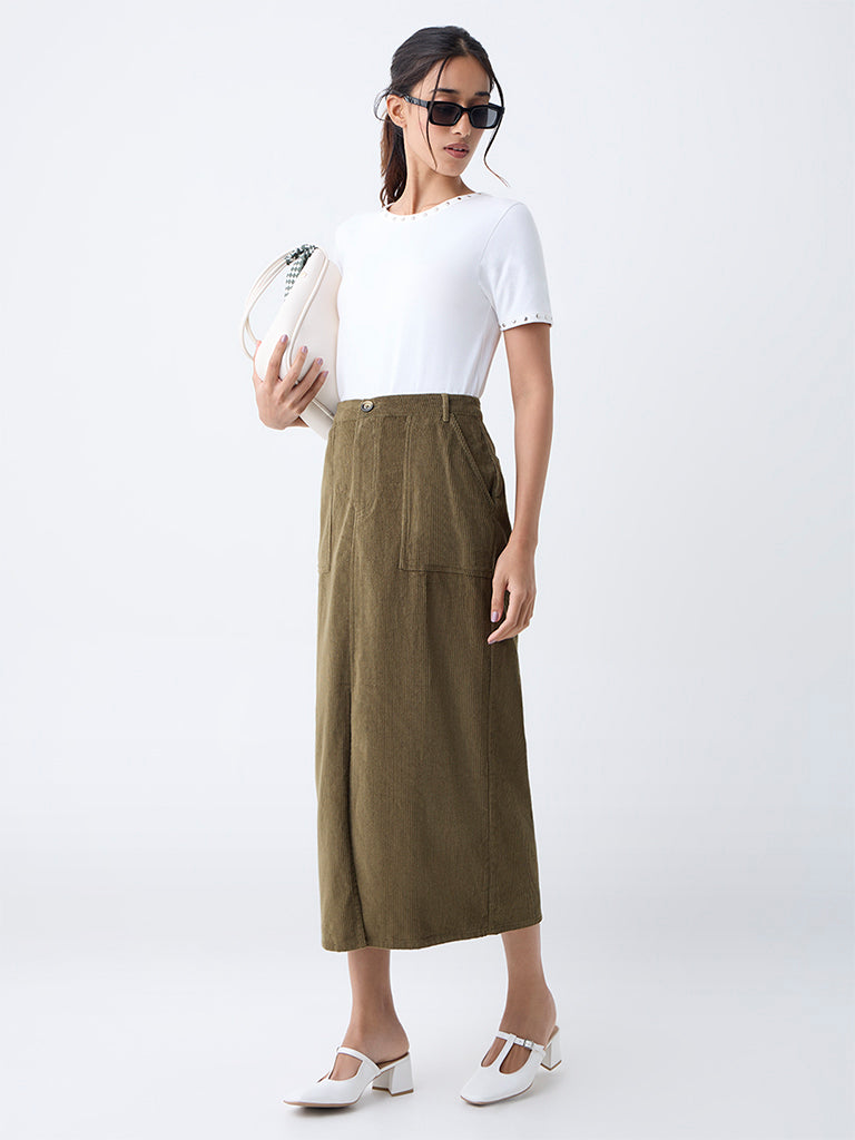 LOV Olive High-Rise Corduroy Skirt