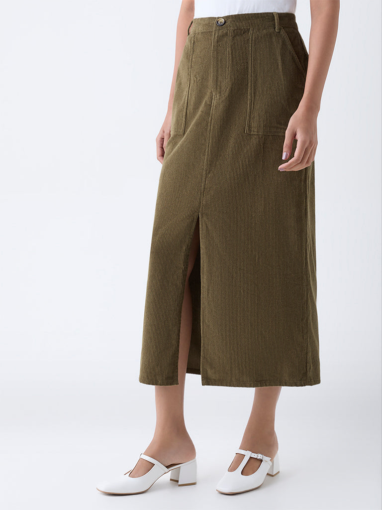 LOV Olive High-Rise Corduroy Skirt