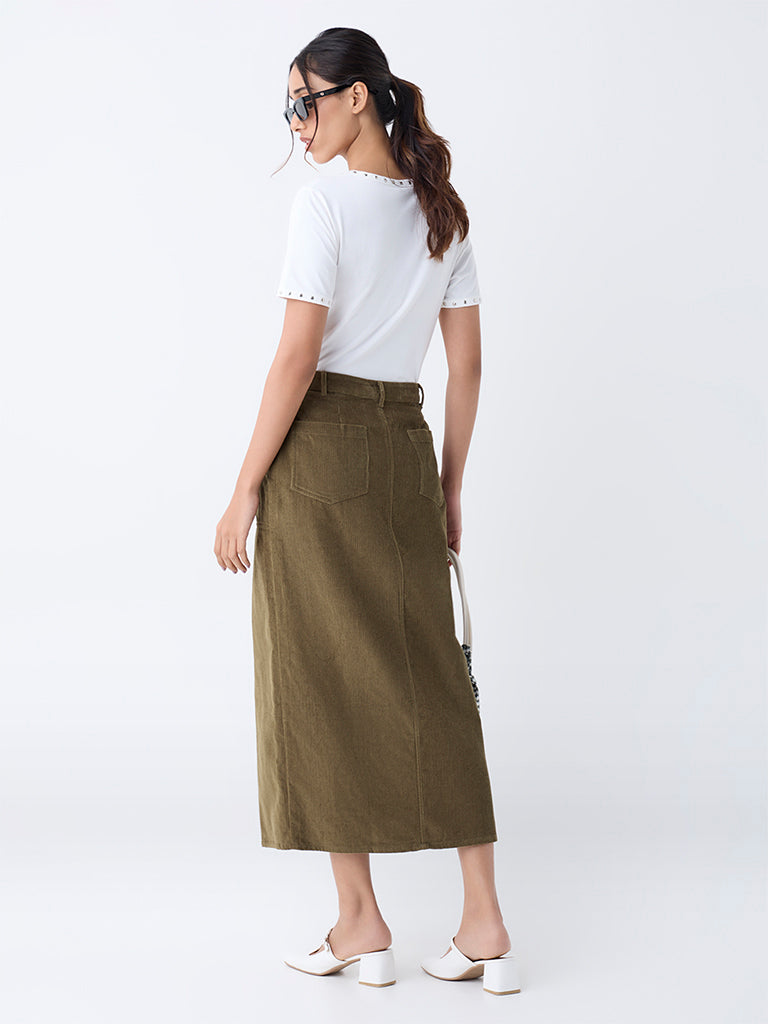 LOV Olive High-Rise Corduroy Skirt