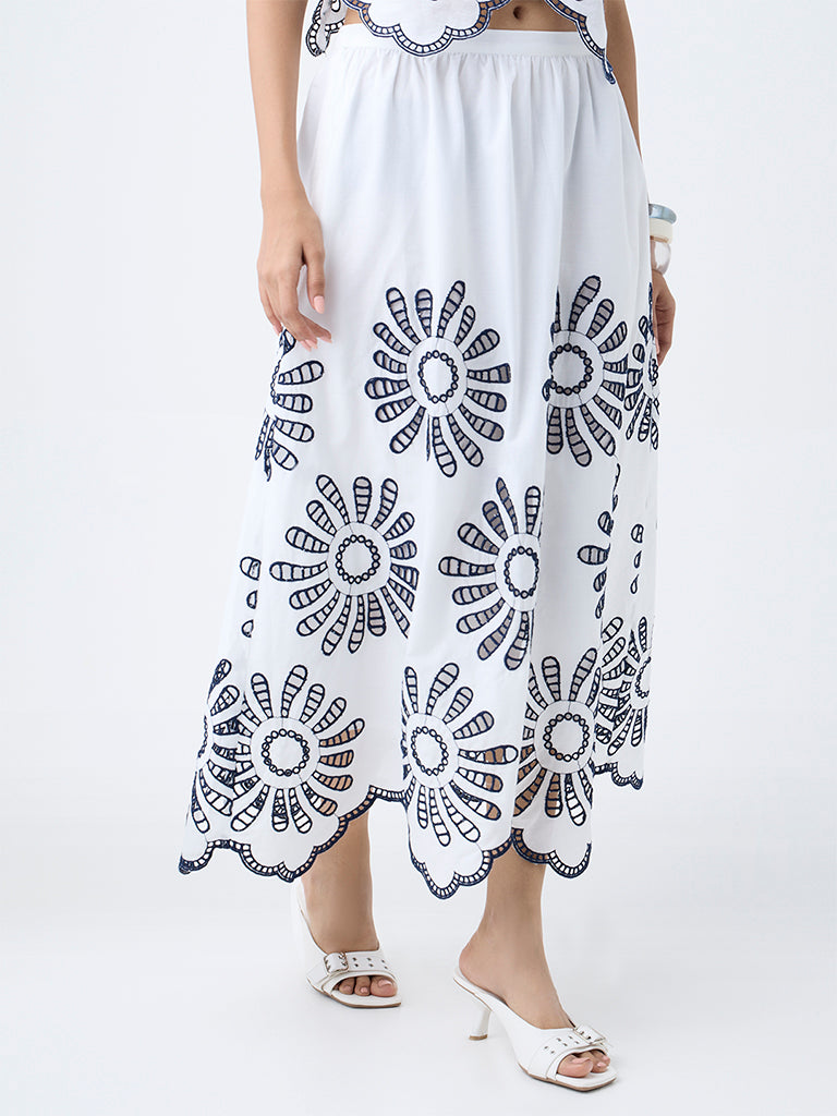 Westside LOV Women's White Schiffli Embroidered Mid-Rise Cotton Skirt for Casual Wear Front view