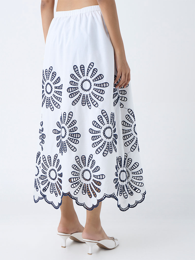 Westside LOV Women's White Schiffli Embroidered Mid-Rise Cotton Skirt for Casual Wear Back View